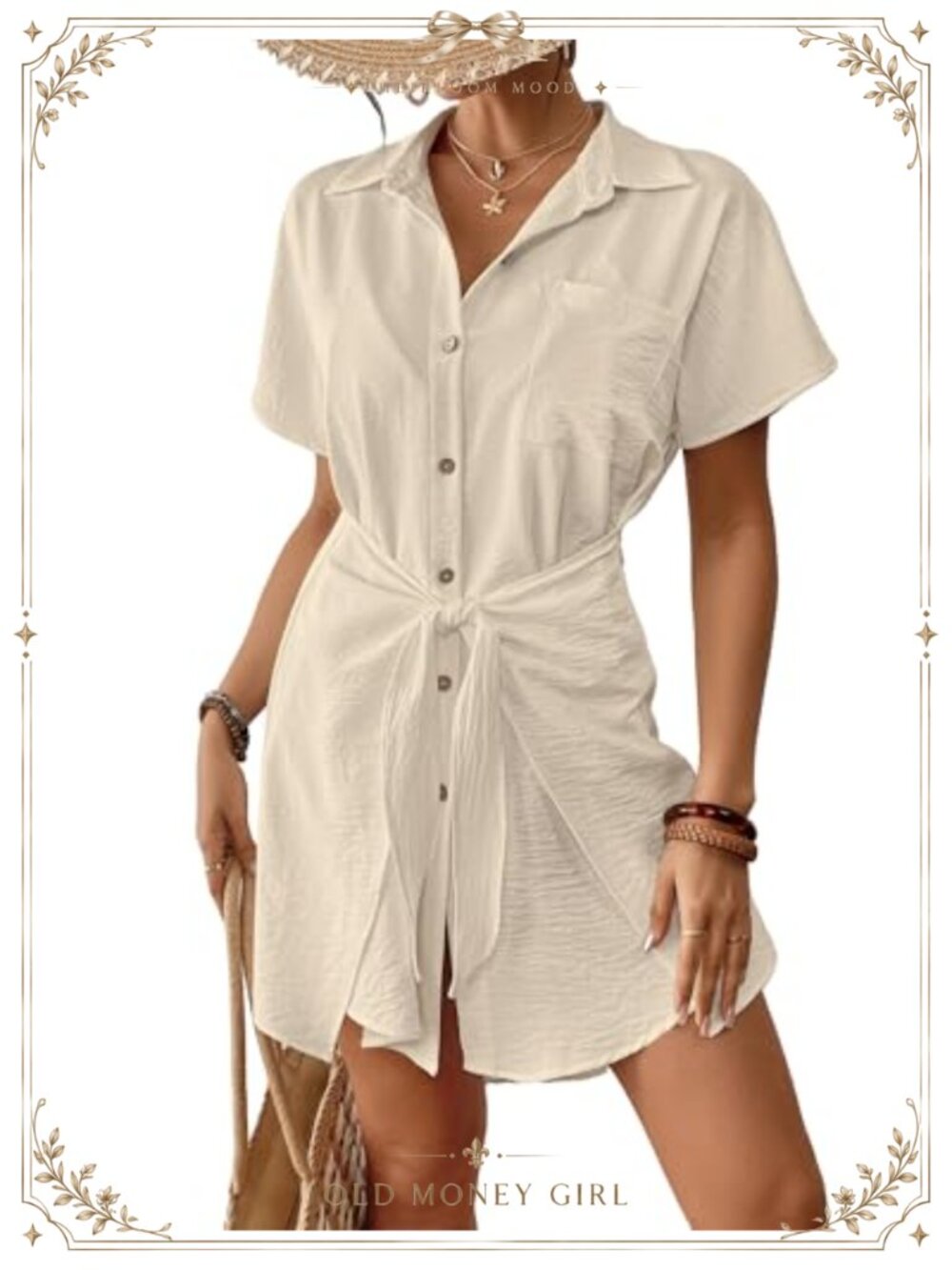 Womens Swimsuit Coverup Short Sleeve Button Down Tie Beach Shirt Dress